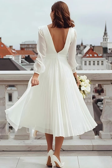 Long Sleeve V Neck Ivory A Line Engagement Dress with Slit